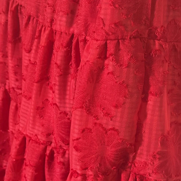 Lulus Red Tiered Side Slit Skirt with Flower Detailing on Full Skirt Size M - Picture 6 of 11